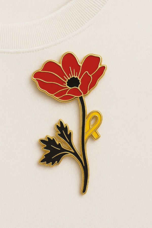 Red flower-Kalanit brooch with a yellow ribbon